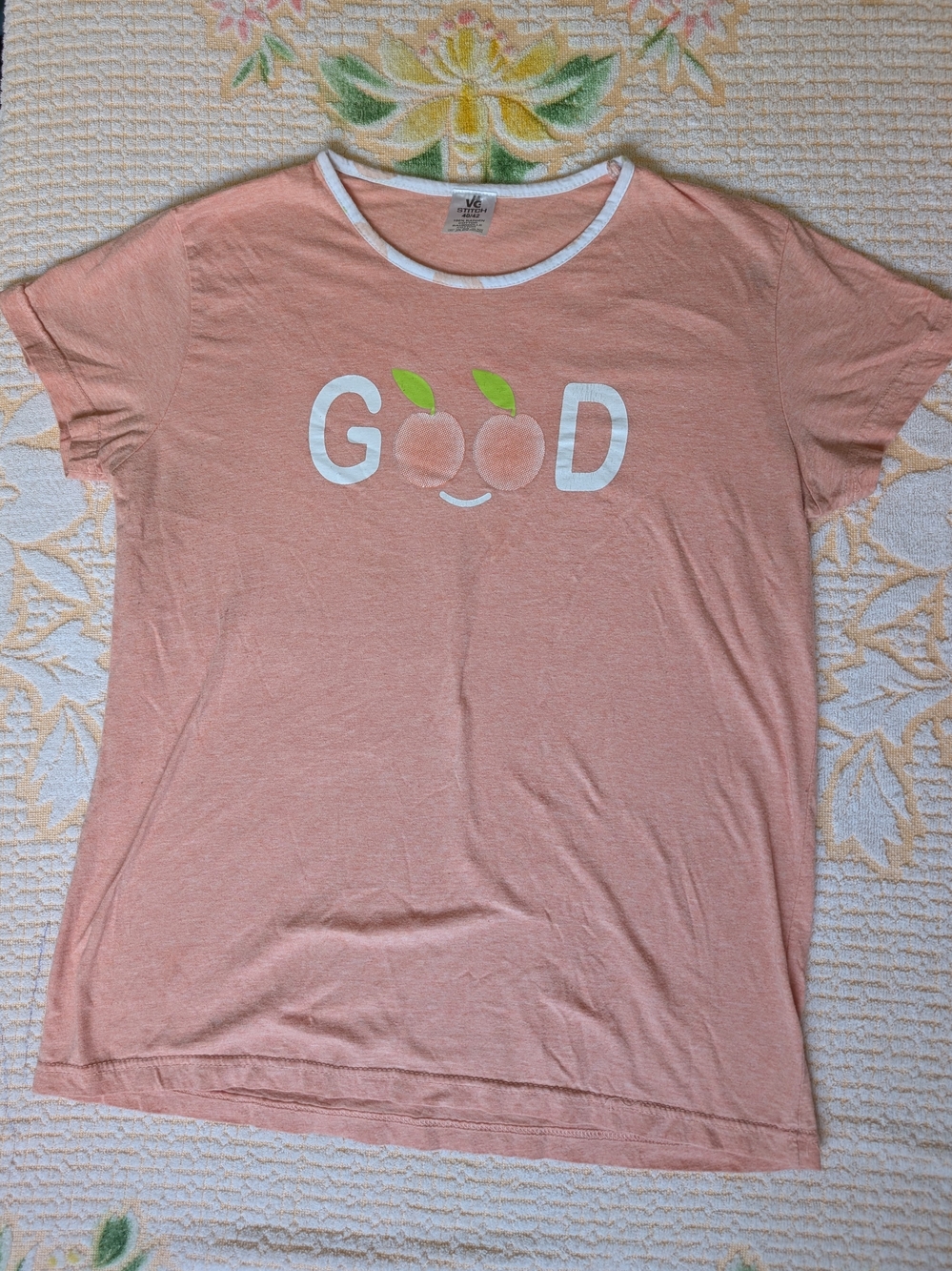 Stitch Pastel Peach Graphic T-Shirt - White Ringer Neck - Size XL